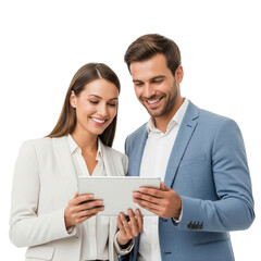 business people working together with tablet isolated on white or transparent background