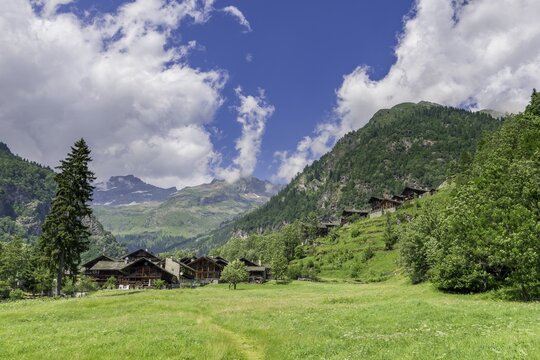 Old Walser houses in Pedemonte, Alagna Valsesia, Province of Vercelli, Piedmont, Italy