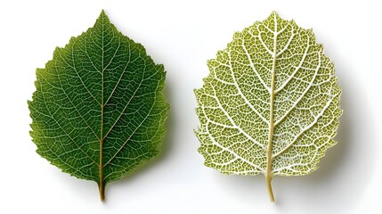 Fototapeta premium Top view macro comparison of two green leaves showing intricate vein patterns on a white background