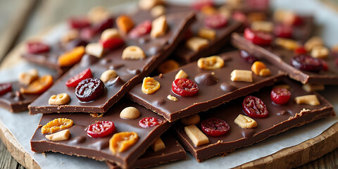 Delicious homemade dark chocolate bark with dried fruits and nuts on wooden table providing a