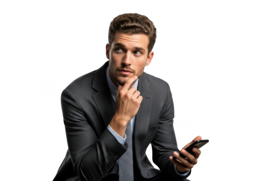 Pensive businessman in suit holding smartphone, contemplating ideas, isolated on transparent background