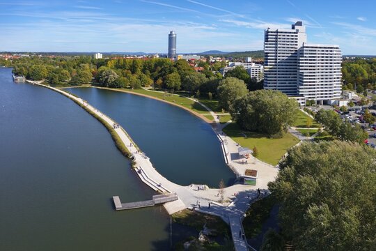 Cityscape, Local recreation area, W&ouml;hrder Lake, Wasserwelt W&ouml;hrder See with Norikus Bay, Norikus housing estate, Business Tower Nuremberg, BTN, Nuremberg, Middle Franconia, Franconia, Bavaria, Germany