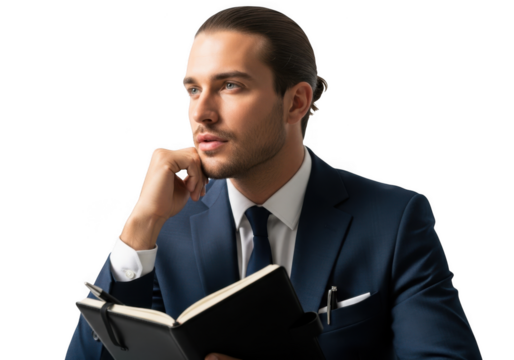 Pensive businessman in suit holding notebook planning strategy isolated on transparent background png image for design and marketing materials, isolated on transparent background
