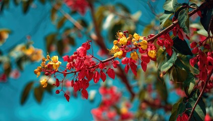 Vibrant red and yellow blossoms against a vibrant blue sky