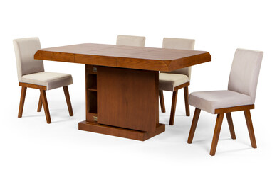 wooden dining table set isolated on white background . table and chair .