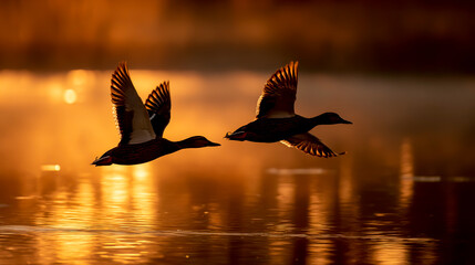 Fototapeta premium two wild ducks flying over the water at sunset