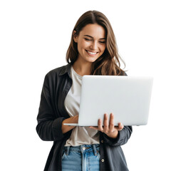 Fototapeta premium Smiling young woman using laptop isolated on white or transparent background