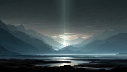 Misty mountain valley with a luminous beam