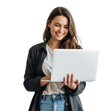 Smiling young woman using laptop isolated on white or transparent background