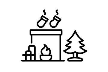 Traditional Christmas Tree Beside a Cozy Fireplace Silhouette with Transparent Background holiday