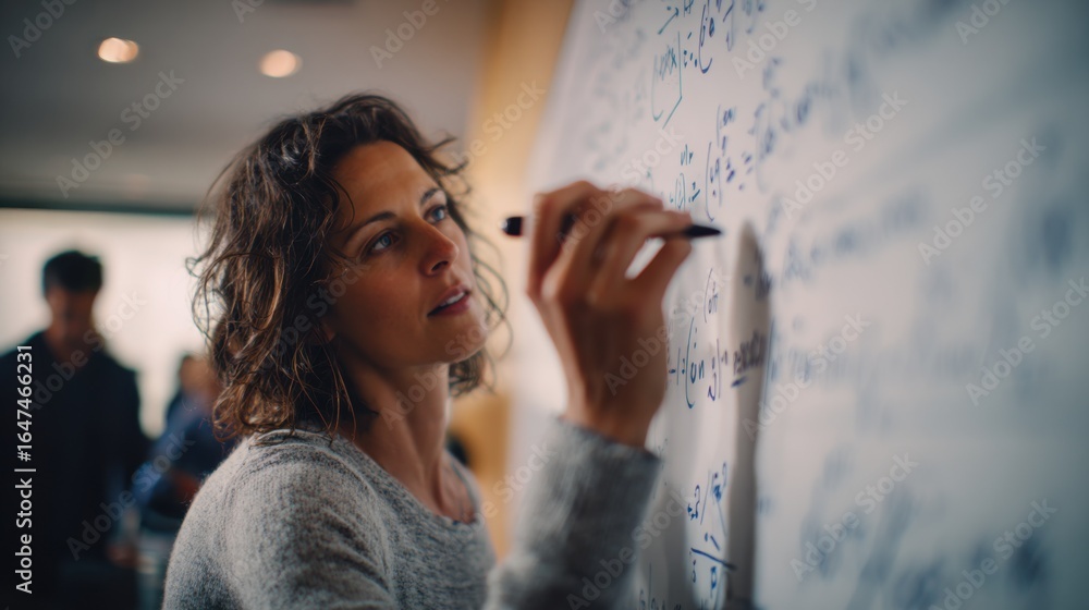 Poster focused medium shot of a data analyst adjusting coefficients on a whiteboard covered in mathematical