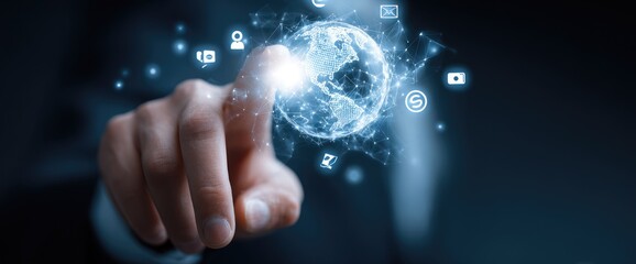 Hand touching digital globe with social media icons