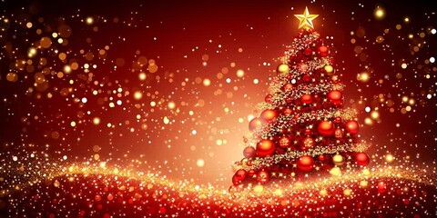 Slow motion of a rotating Christmas tree decorated with red baubles and garlands against golden lights, creating a warm and festive holiday atmosphere - Powered by Adobe