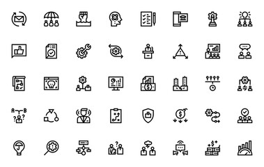 Crisis management icon set. Minimal vector line icons pack. Includes symbols for risk management, strategy, recovery, PR, budget, timeline, prevention and more. Editable stroke.