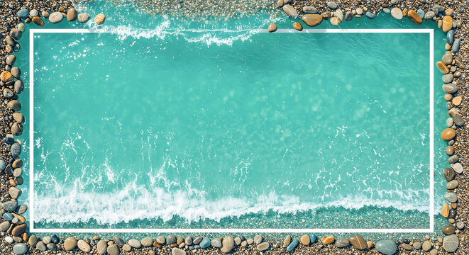 Serene turquoise ocean water meets pebbly beach creating a frame