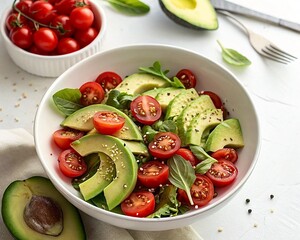 Organic salad with avocado and cherry tomatoes, bright daylight, pure composition, 8k