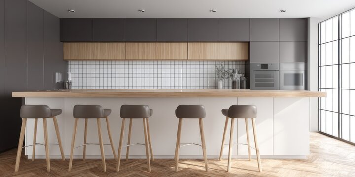 Contemporary monochrome kitchen with leather bar stools and polished surfaces