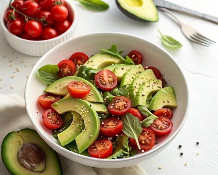 Organic salad with avocado and cherry tomatoes, bright daylight, pure composition, 8k - Powered by Adobe