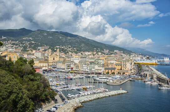 Old port, Vieux port, Port de Plaisance, marina with the church Saint Jean Baptiste, Bastia, Haute-Corse, North Coast, Corsica, France