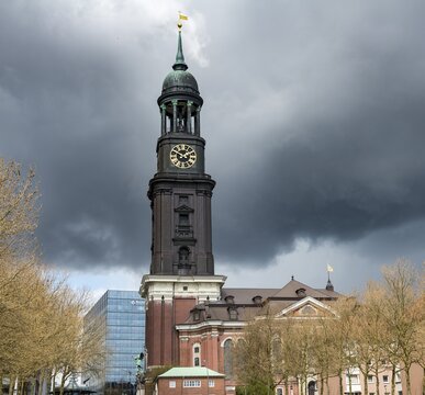 Hamburger Michel, St. Michaelis church with storm clouds, Hamburg, Germany