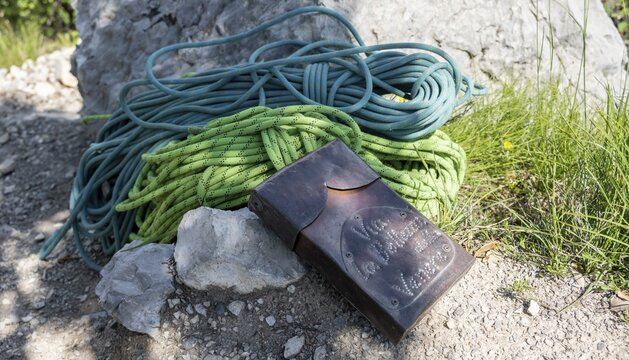 Two climbing ropes half ropes and hut book, multi-pitch climbing, Via la Bellezza della Venere climbing tour, Sarca Valley, Garda Mountains, Dro, Arco, Trentino-Alto Adige, Italy
