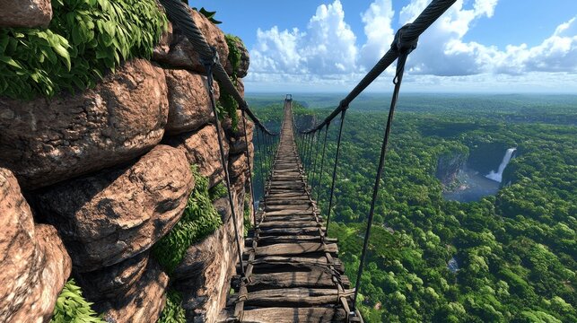 Fototapeta Rustic Rope Bridge Over Lush Jungle Valley
