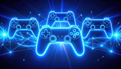 Glowing Blue Game Controllers Connected by Digital Network Lines