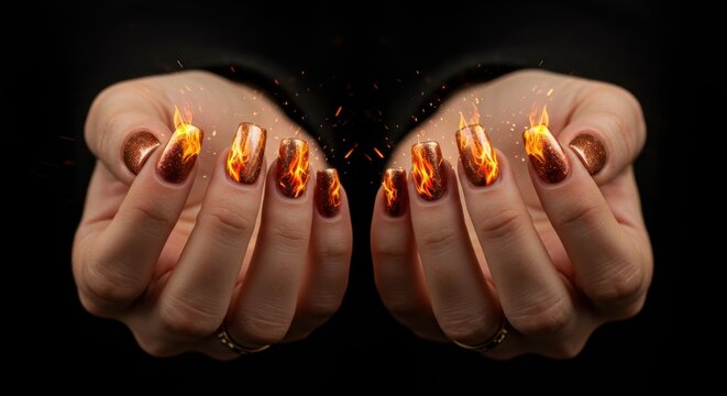 Fiery Fingertips Nail Art Ablaze with Flaming Designs on a Black Background