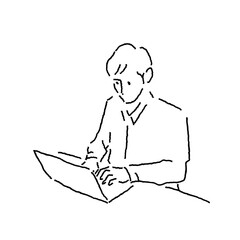 Minimalist line art illustration of a man working on a laptop, upper body view