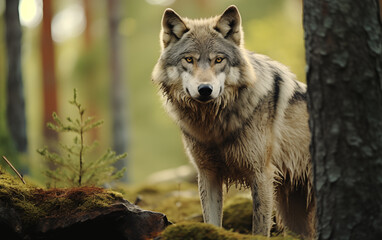 Fototapeta premium A gray wolf is prominently featured in a lush forest environment. The animal gazes directly at the viewer, showcasing its striking fur and keen eyes. Surrounding it are tall trees