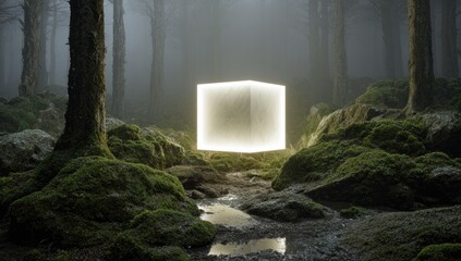 Glowing cube in a misty forest
