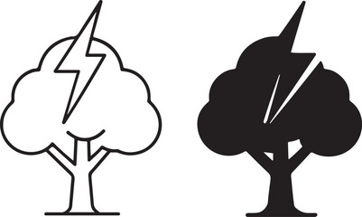 Lightning Strike Tree Icon: Vector Symbol, Black and White Sign Designs
