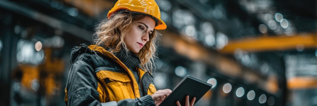 Woman in safety gear using a tablet in a large industrial facility during daytime operations