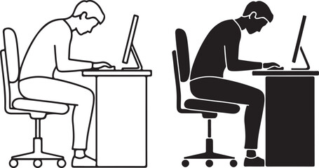 Vector icon: Person sitting at desk, correct and incorrect posture signs, symbol of ergonomics and workplace health.