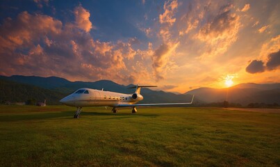 Private jet on grassy airstrip at sunset