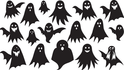 Collection of Spooky Black Silhouette Ghosts for Halloween Decorations and Designs