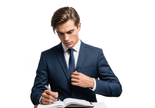 Professional businessman writing in notebook png image, man in suit taking notes, business planning and strategy, isolated on transparent background