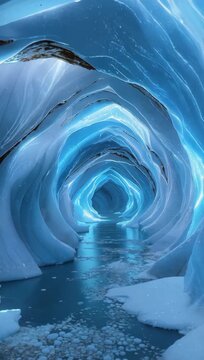 Blue Ice Cave Tunnel with Smooth Frozen Walls and Reflections, beautiful scenic atmosphere