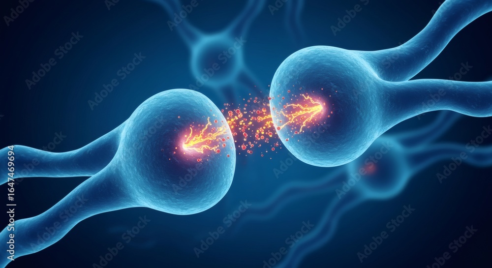Poster brain synapse spark neural network communication concept on blue backdrop.
