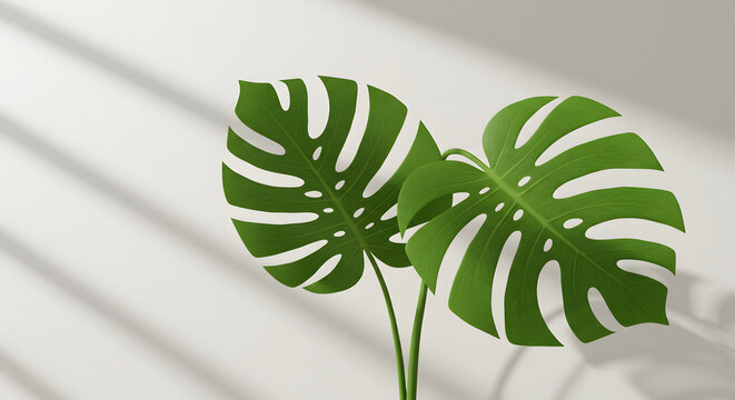 Tropical monstera leaves casting shadows on bright wall background