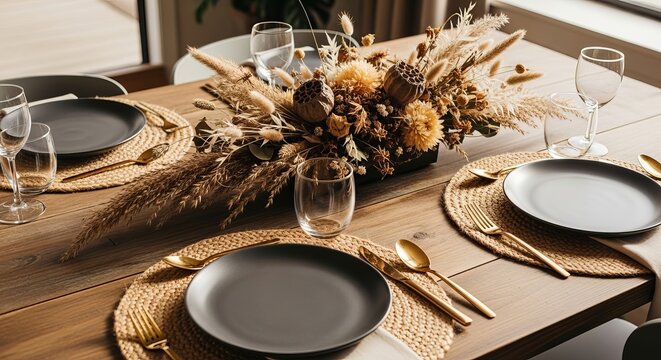 A beautifully set table with black plates, gold cutlery, and a dried floral centerpiece display