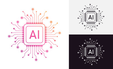 Set of Artificial Intelligence AI Icons and Logos – Machine Learning, Neural Networks, Automation, Smart Tech, Data, Circuits, Microchips, and Digital Innovation Vector Icon Concepts