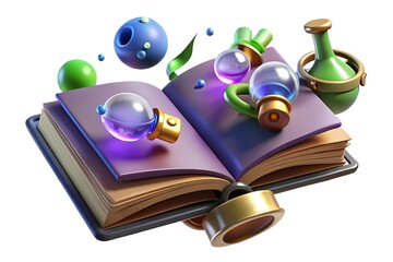 Open spellbook with potions and floating spheres