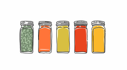 set of colorfull various spices glass bottle issolated on white 