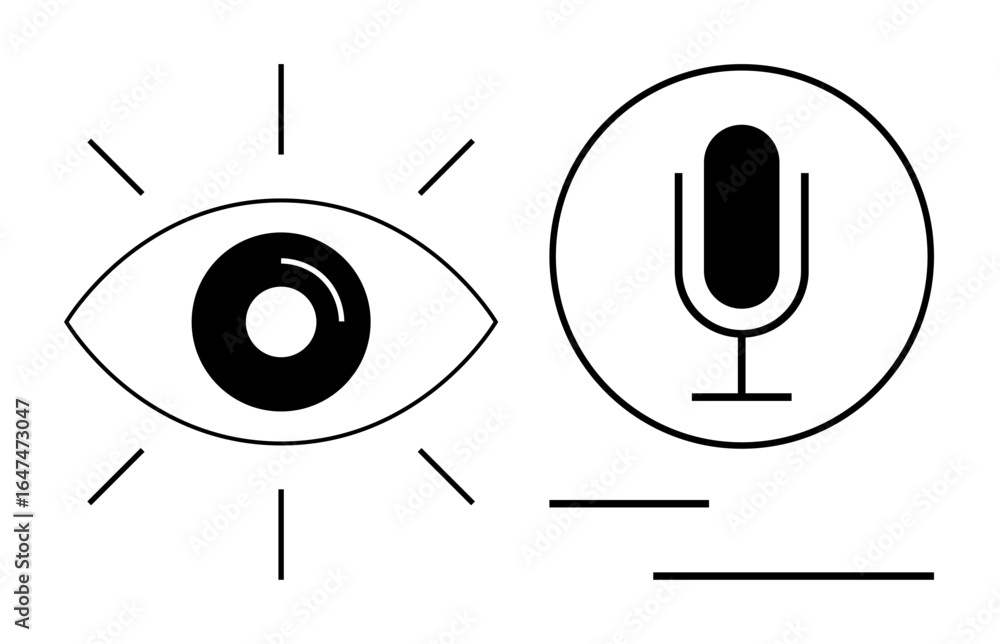 Poster eye with radiating lines and microphone inside circle indicating vision and voice connection. ideal 
