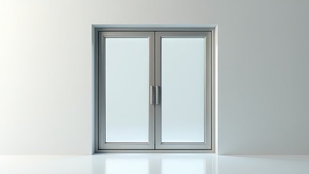 Gray metal double doors on a white wall.