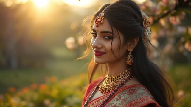 elegant indian woman traditional saree gold jewelry sunset