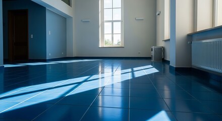 Interior view of a room with blue tiled floor, large windows, and sunlight streaming in creating shadows