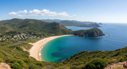 Aerial view of a serene beach cove with turquoise water, surrounded by lush green hills and mountains under a clear blue sky.