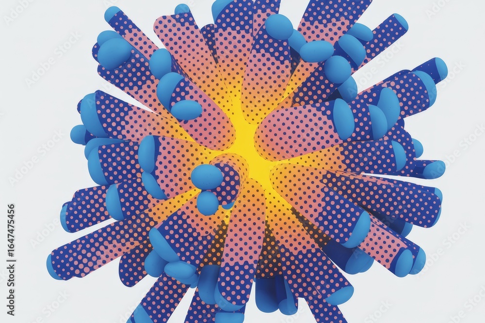 Poster abstract explosion-shaped object with blue and pink dotted textures and glowing yellow light center 